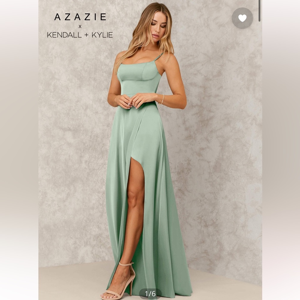 Azazie Agave Stretch Satin Dress w/slit